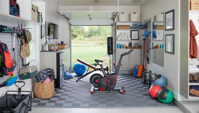 Two-Stall Garage With Gym in Timber Grey | Inspired Closets